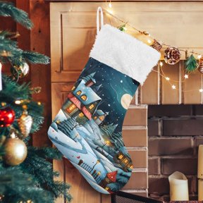 Ryvnso Christmas Stockings Winter Houses and Moon 17.7" Large Stocking Decoration 1 Pack