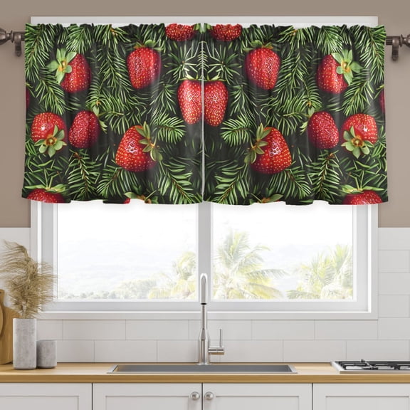 Ryvnso Christmas Strawberry Curtains Sets Short Curtain Rod Pocket Half Window Cafe Farmhouse Tier 2 Panels 57"W x 24"L