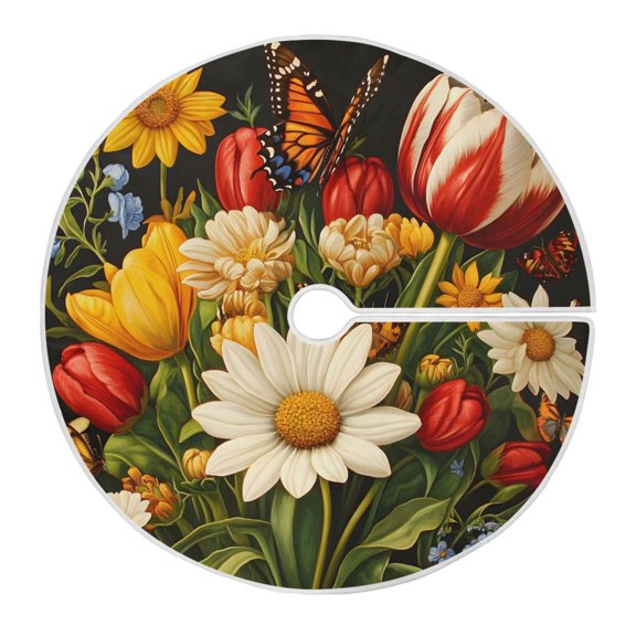 Ryvnso Christmas Tree Skirt Flower Bouquet Butterfly Xmas Tree Skirts Ornament Home Decorations 47.2"