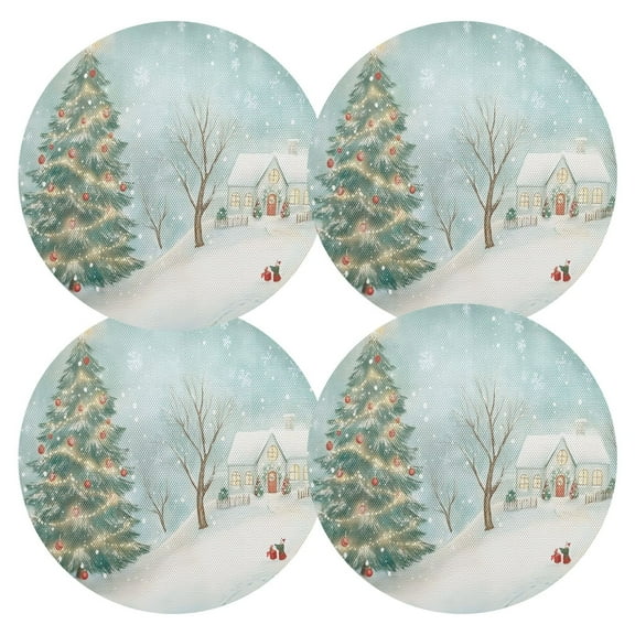 Ryvnso Christmas Trees View Round Plate Mats Dining Table Placemat Set of 4 for Holiday Decoration