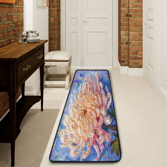 Ryvnso Chrysanthemum Blooming Oil Paint Hallway Runner Rugs Floor Carpet Non Slip Entryway Mat 2' x 6'
