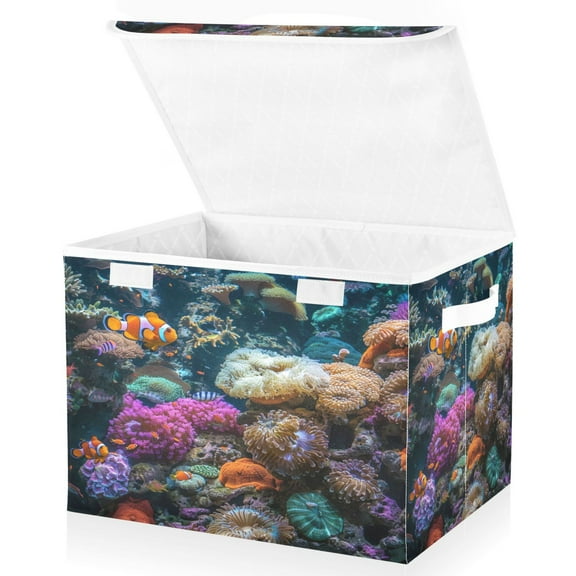 Ryvnso Clownfish Corals under The Sea Large Lidded Foldable Storage Baskets Cubes Boxes Lids Bin for Home