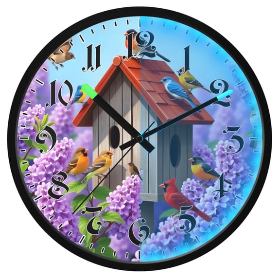 Ryvnso Colorful Birds Lavenders-2 12 Inch Night Light Wall Clock Luminous Silent Battery Operate Clocks