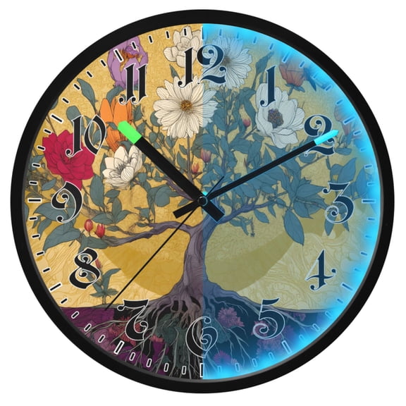 Ryvnso Colorful Illustration Tree Flowers 12 Inch Night Light Wall Clock Luminous Silent Battery Operate Clocks