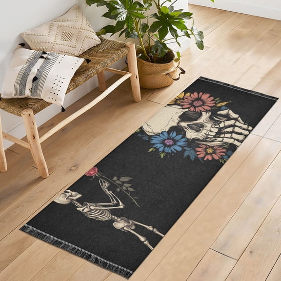 Ryvnso Cool Funny Skull Flower Bedroom Runner Rug 2'x6' Hallway Area Carpet Non Slip Entryway Mat with Tassels