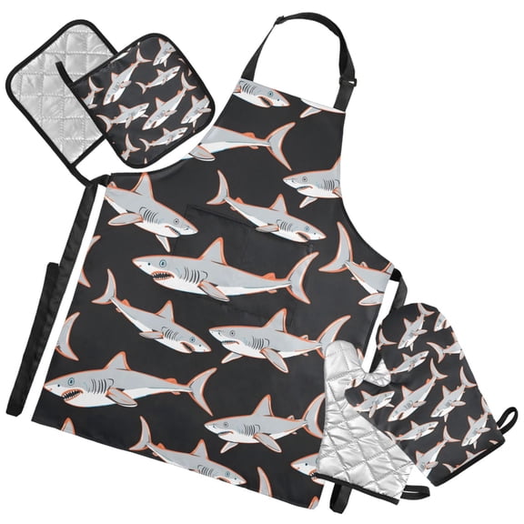 Ryvnso Cool Sharks Print Kitchen Apron Oven Mitts Set Pot Holders