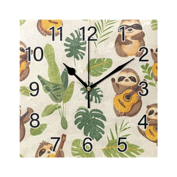 Ryvnso Cool Sloth Play Guitar Wall Clock Square Silent Non-Ticking Battery Operated 7.78"
