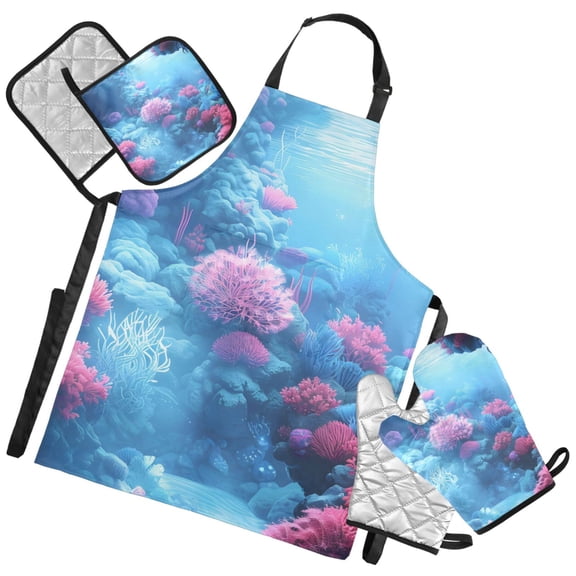 Ryvnso Coral Sea View Kitchen Apron Oven Mitts Set Pot Holders
