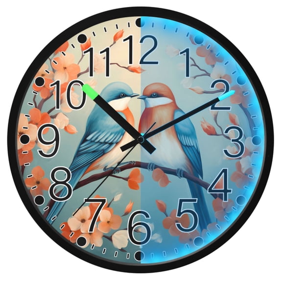 Ryvnso Couple Birds and Floral 12 Inch Night Light Wall Clock Silent Battery Operated Luminous Clocks