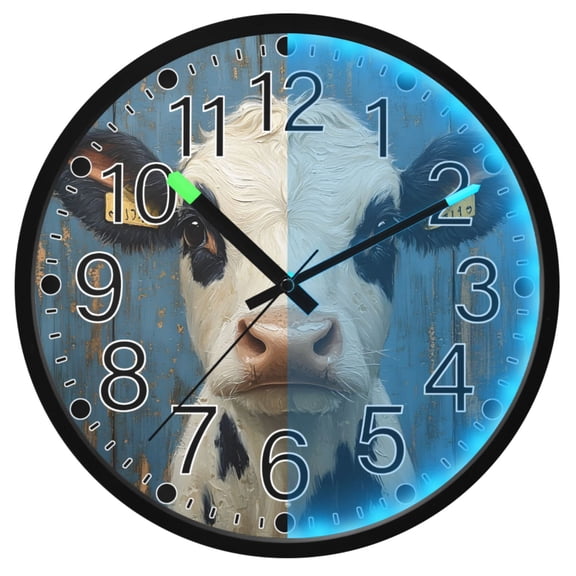 Ryvnso Cow on Wood 12 Inch Night Light Wall Clock Silent Battery Operated Luminous Clocks