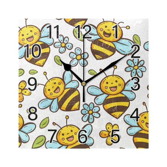 Ryvnso Cute Bee and Flowers Wall Clock Square Silent Non-Ticking Battery Operated 7.78"