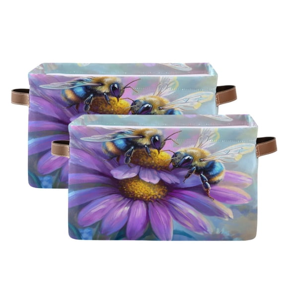 Ryvnso Cute Bee on Flowers Storage Basket Large Bin Foldable Boxes Toys Organizer 14.2x10.2x8.3in 2 PCs