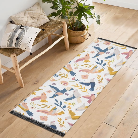 Ryvnso Cute Bird and Flower Bedroom Runner Rug 2'x6' Hallway Area Carpet Non Slip Entryway Mat with Tassels
