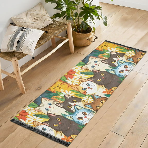 Ryvnso Cute Cat Cartoon Bedroom Runner Rug 2'x6' Hallway Area Carpet Non Slip Entryway Mat with Tassels