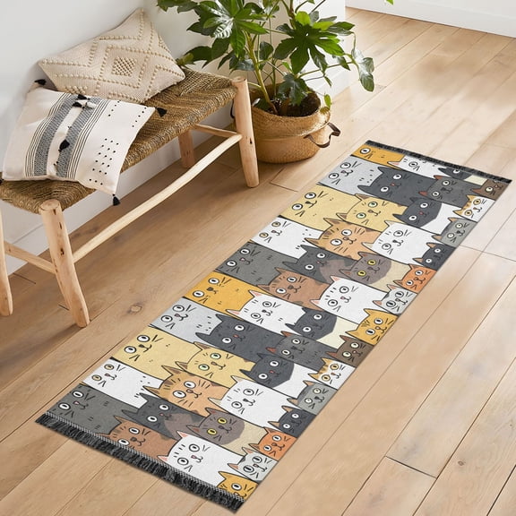 Ryvnso Cute Cat Face Bedroom Runner Rug 2'x6' Hallway Area Carpet Non Slip Entryway Mat with Tassels