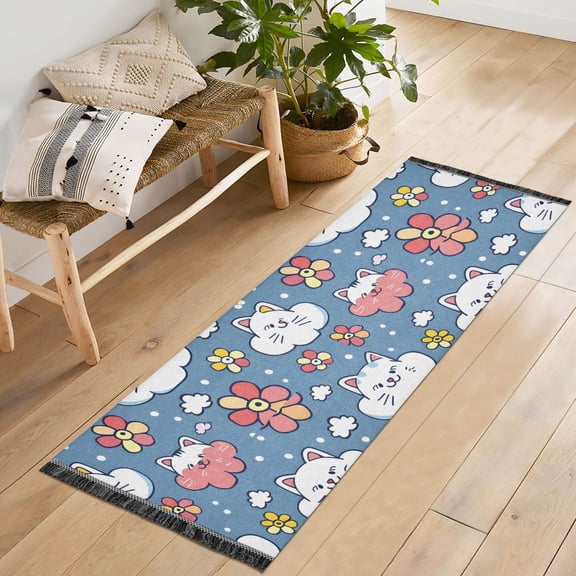 Ryvnso Cute Cat Face Flower Bedroom Runner Rug 2'x6' Hallway Area Carpet Non Slip Entryway Mat with Tassels