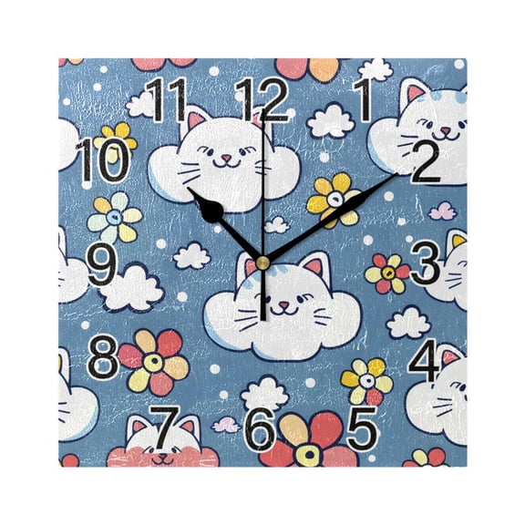 Ryvnso Cute Cat Face Flower Wall Clock Square Silent Non-Ticking Battery Operated 7.78"