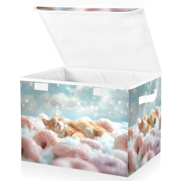 Ryvnso Cute Cat Sleeping with Donuts Large Lidded Foldable Storage Baskets Cubes Boxes Lids Bin for Home