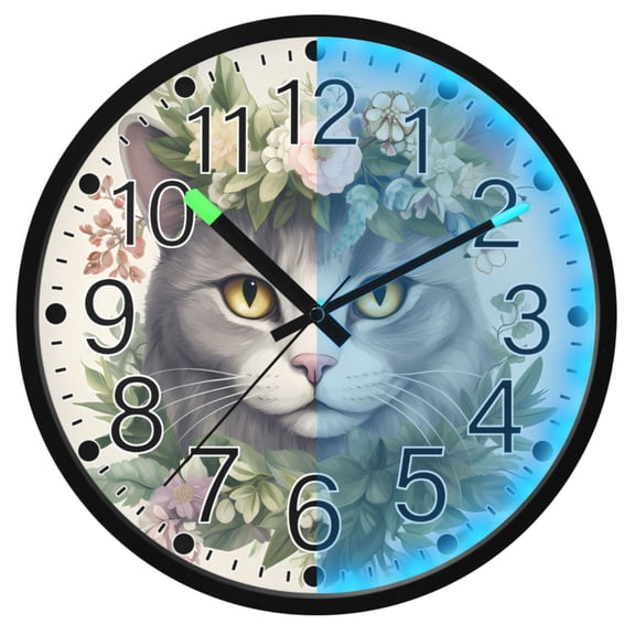 Ryvnso Cute Cat in Leaves 12 Inch Night Light Wall Clock Silent Battery Operated Luminous Clocks