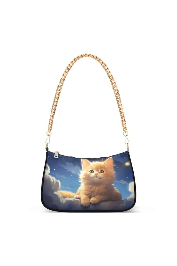 Cute Cat on Clouds Womens Chain Shoulder Bag Tote Handbags Clutch Hobo Purse with Zipper for Travel