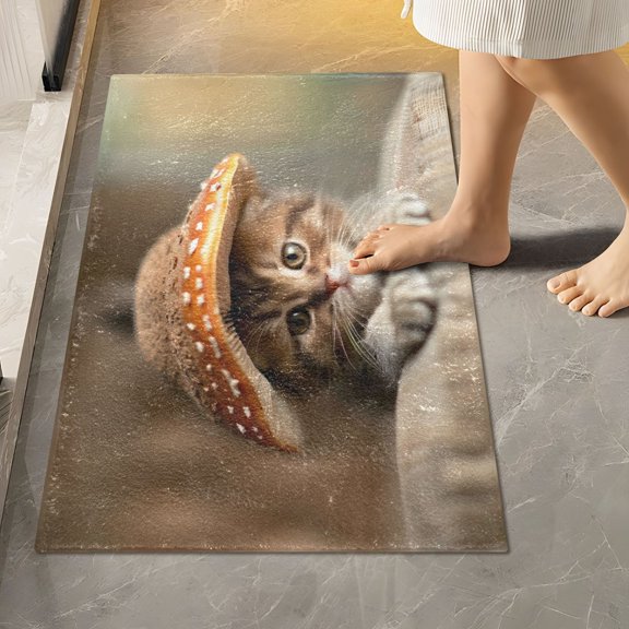 Ryvnso Cute Cat with Mushroom Hat Bathroom Shaggy Rugs Toilet Rectangle Mat Soft Contour Rug 24"x16"
