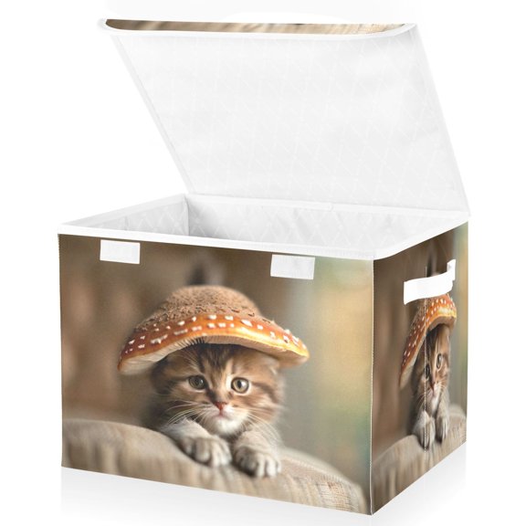 Ryvnso Cute Cat with Mushroom Hat Large Lidded Foldable Storage Baskets Cubes Boxes Lids Bin for Home