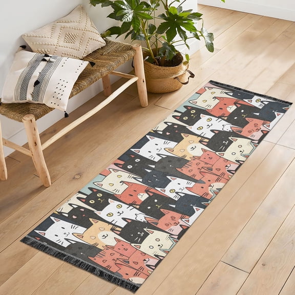 Ryvnso Cute Cats Face Bedroom Runner Rug 2'x6' Hallway Area Carpet Non Slip Entryway Mat with Tassels
