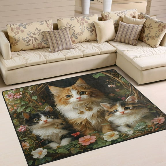 Ryvnso Cute Cats in Garden Area Floor Rugs Soft Non-Slip Large Mats Nursery Carpets 63" x 48"