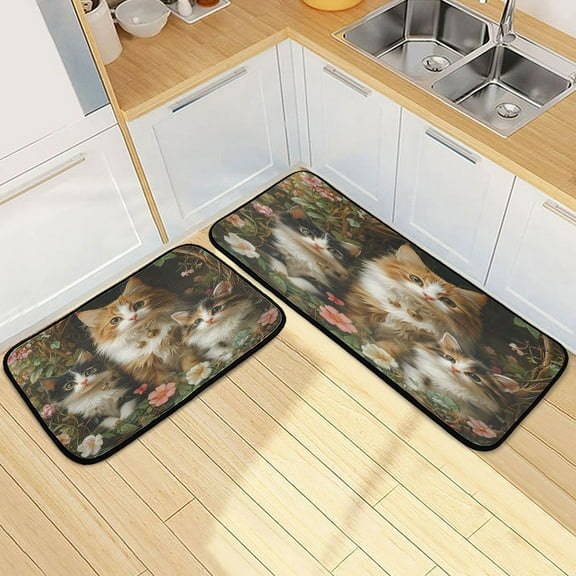 Ryvnso Cute Cats in Garden Kitchen Rugs Set Non Slip Runner Mats for Dining Room