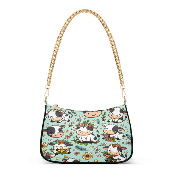 Ryvnso Cute Cow with Flower Womens Chain Shoulder Bag Tote Handbags Clutch Hobo Purse with Zipper for Travel