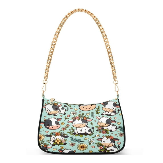 Ryvnso Cute Cow with Flower Womens Chain Shoulder Bag Tote Handbags Clutch Hobo Purse with Zipper for Travel