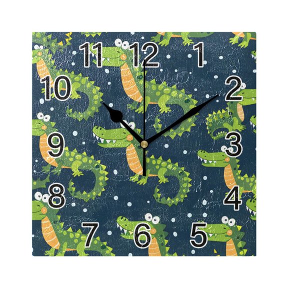 Ryvnso Cute Crocodile Hand Drawn Wall Clock Square Silent Non-Ticking Battery Operated 7.78"