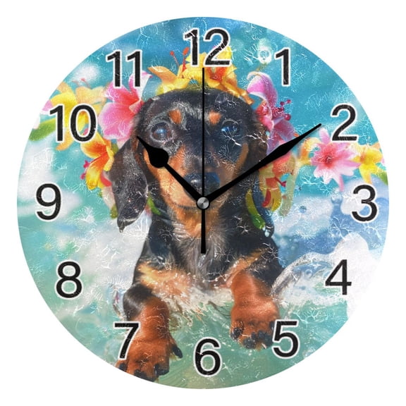 Ryvnso Cute Dachshund Surfing Wall Clock Non Ticking Silent Kitchen Clock Battery Operated Clocks 10 inch