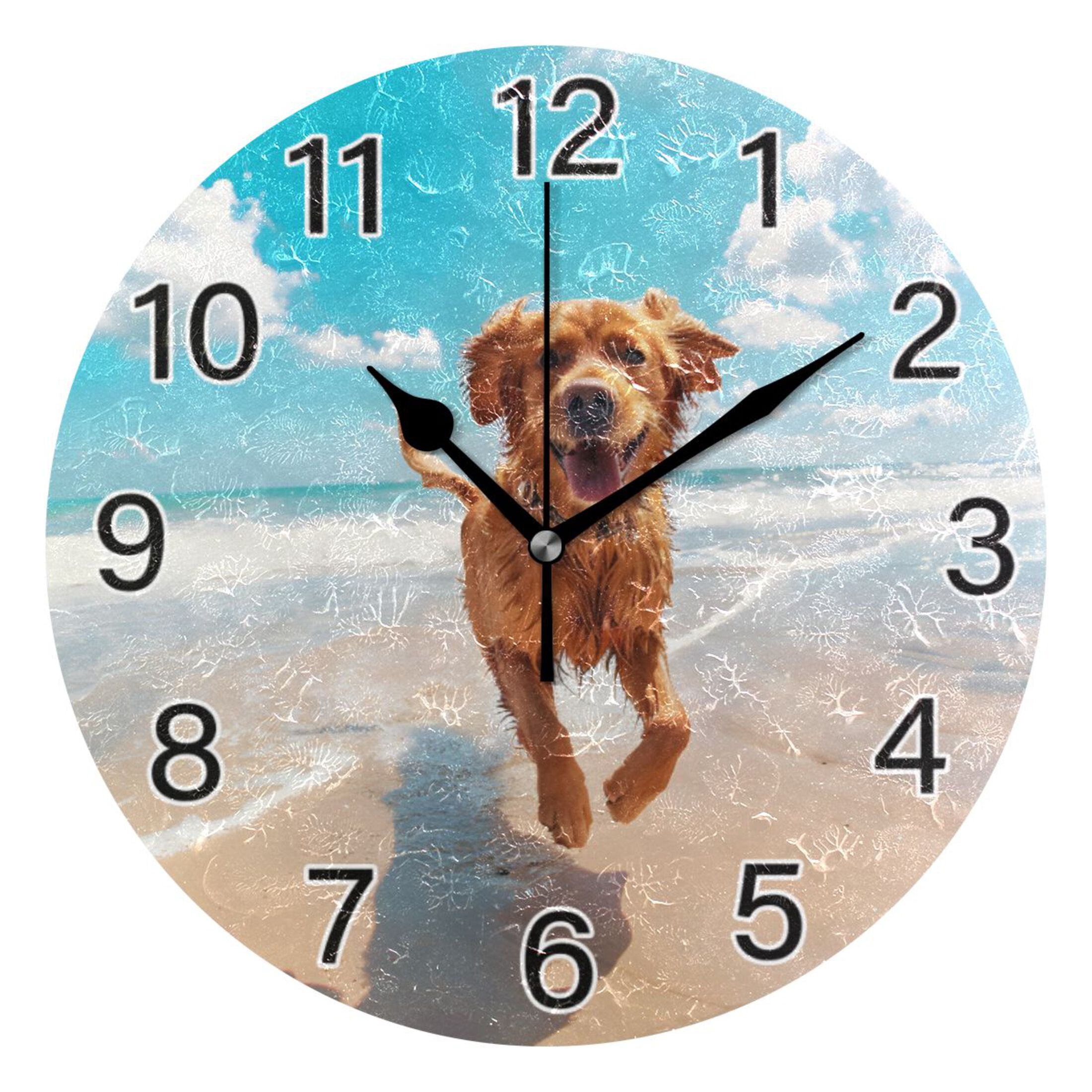 Ryvnso Cute Dog on Beach Wall Clock Non Ticking Silent Kitchen Clock ...