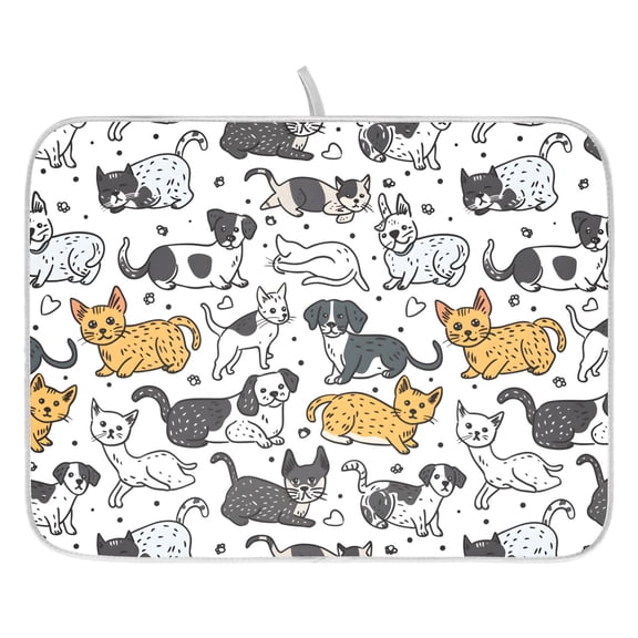 Ryvnso Cute Dogs Cats Dish Drying Mat for Kitchen Countertop 16x18 Small Dish Pad Drainer Rack Dish Sink Mats