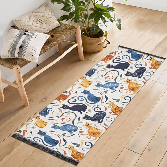 Ryvnso Cute Doodle Cat Bedroom Runner Rug 2'x6' Hallway Area Carpet Non Slip Entryway Mat with Tassels
