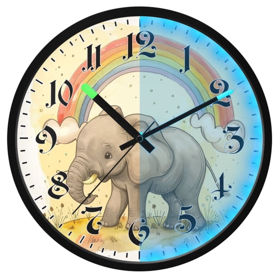 Ryvnso Cute Elephant with Rainbow 12 Inch Night Light Wall Clock Luminous Silent Battery Operate Clocks