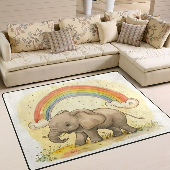 Ryvnso Cute Elephant with Rainbow Area Floor Rugs Soft Non-Slip Large Mats Nursery Carpets 63" x 48"
