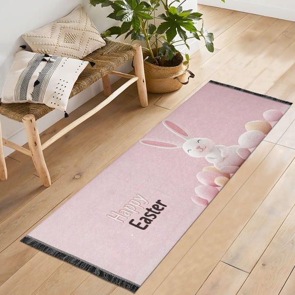 Ryvnso Cute Happy Easter Rabbit Bedroom Runner Rug 2'x6' Hallway Area Carpet Non Slip Entryway Mat with Tassels
