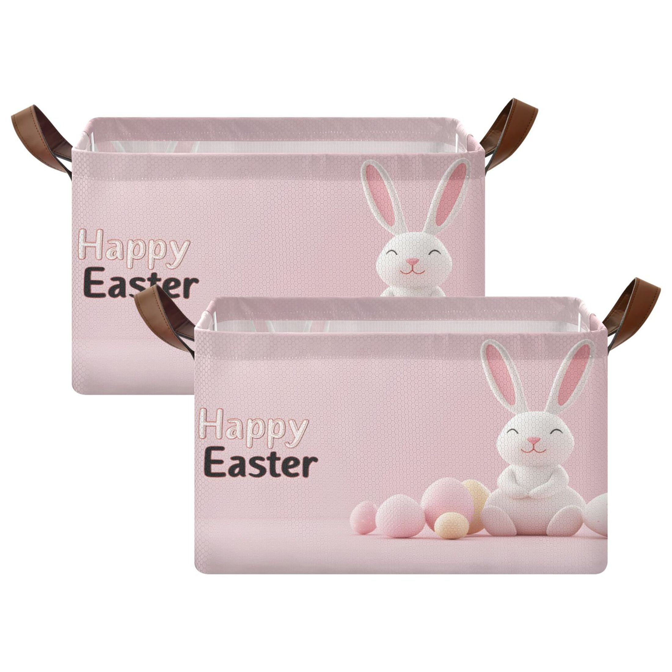 Ryvnso Cute Happy Easter Rabbit Storage Bins Large Basket Foldable Cube Toys Organizer with Handles 2 PCs