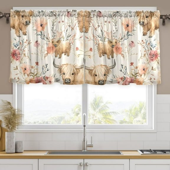 Ryvnso Cute Highland Cows Curtains Sets Short Curtain Rod Pocket Half Window Cafe Farmhouse Tier 2 Panels 57"W x 24"L