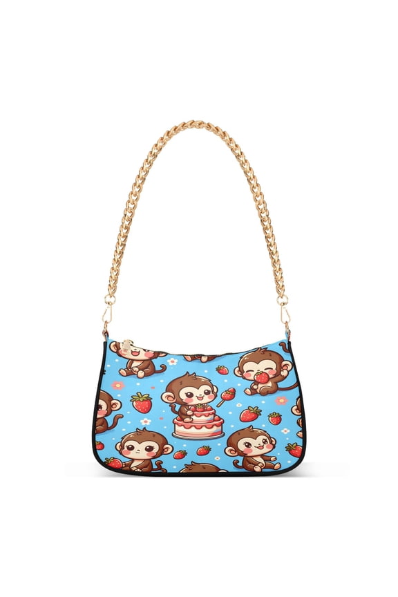 Cute Monkey and Strawberry Womens Chain Shoulder Bag Tote Handbags Clutch Hobo Purse with Zipper for Travel