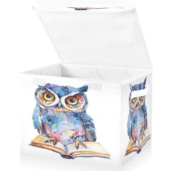 Ryvnso Cute Owl Reading Large Lidded Foldable Storage Baskets Cubes Boxes Lids Bin for Home