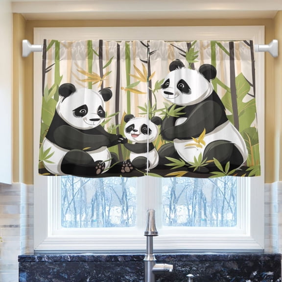 Ryvnso Cute Panda Family Half Curtains Sets Tier 2 Panels Short Curtain Rod Pocket 27"W x 24"L
