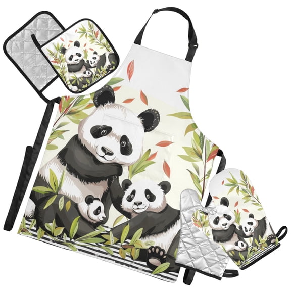 Ryvnso Cute Panda Family Leaves Kitchen Apron Oven Mitts Set Pot Holders