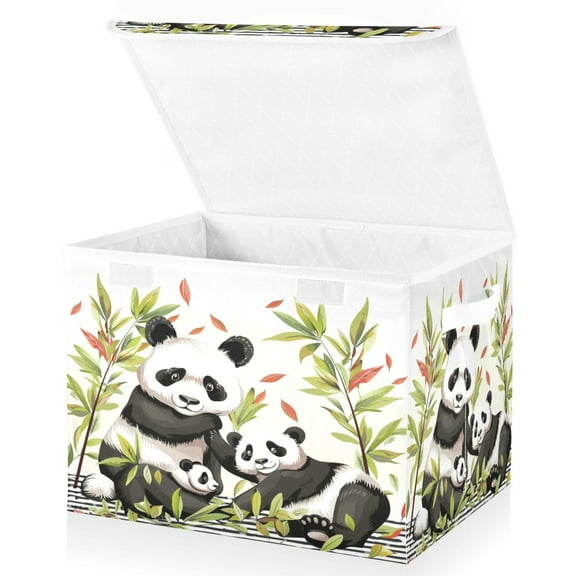 Ryvnso Cute Panda Family Leaves Large Lidded Foldable Storage Baskets Cubes Boxes Lids Bin for Home