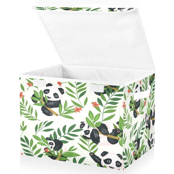 Ryvnso Cute Panda Leaves Floral Large Lidded Foldable Storage Baskets Cubes Boxes Lids Bin for Home