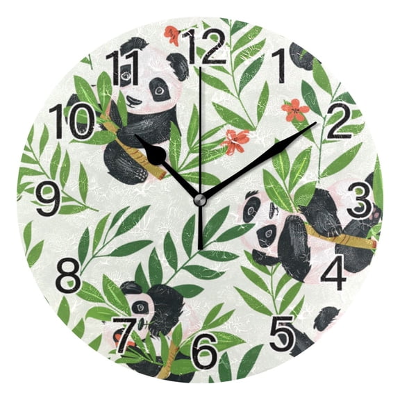 Ryvnso Cute Panda Leaves Floral Wall Clock Non Ticking Silent Kitchen Clock Battery Operated Clocks 10 inch