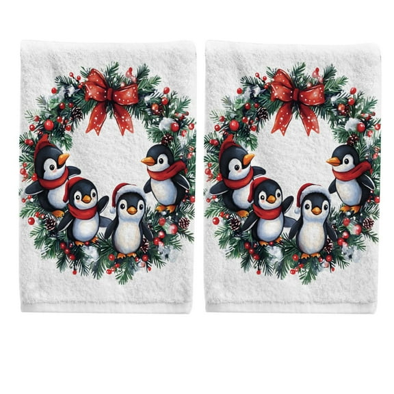 Ryvnso Cute Penguins Wreath Hand Towels Set for Bathroom Cotton Face Towel Decorative 15.5x29.5 inch