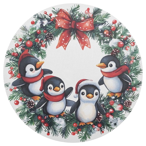 Ryvnso Cute Penguins Wreath Round Plate Mats Dining Table Placemat 1 Piece for Holiday Decoration